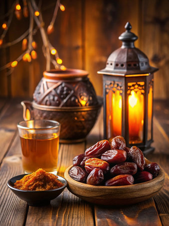 Dates, tea, lantern, and spices on wooden table.の素材