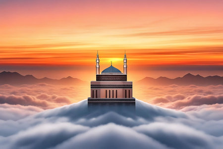 Majestic mosque atop a cloud-covered mountain at sunset.の素材
