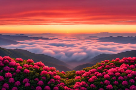 Vibrant sunrise over mountain range with blooming rhododendrons. (1)の素材