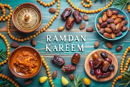 Ramadan Kareem greeting with dates, nuts, and prayer beads on a teal wooden background.の素材