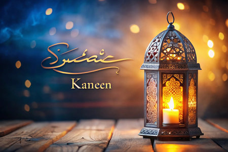 Illuminated lantern with Arabic calligraphy and "Kaneen" on rustic wooden surface, bokeh background.の素材