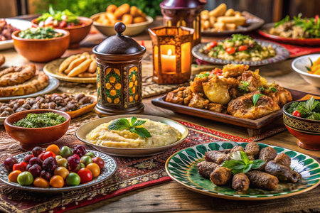 Abundant Middle Eastern feast with various dishes, including meats, vegetables, and breads, arranged on a rustic wooden table, illuminated by a lantern.の素材