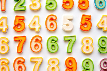 Colorful plastic numbers arranged in a grid pattern on a white background.の素材