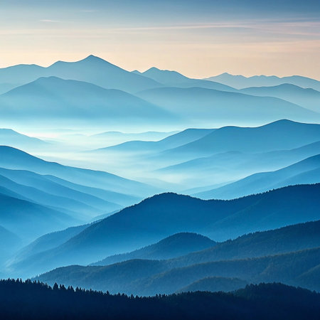 Misty blue mountain range at dawn.の素材