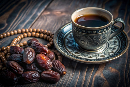 Dates, coffee, and prayer beads on a wooden table.の素材