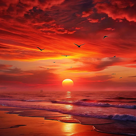 Fiery red sunset over ocean beach with birds flying.の素材