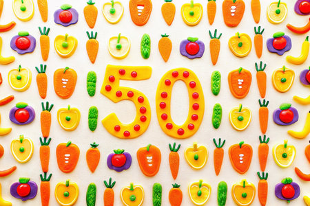 Number 50 made of colorful marmalade candies surrounded by various vegetable-shaped candies.の素材