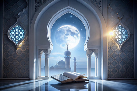Open holy book in mosque with full moon and stars visible through arched window.の素材