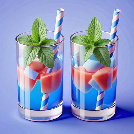 Two refreshing blue cocktails with peach and mint garnish, served in glasses with striped straws on a blue background.の素材