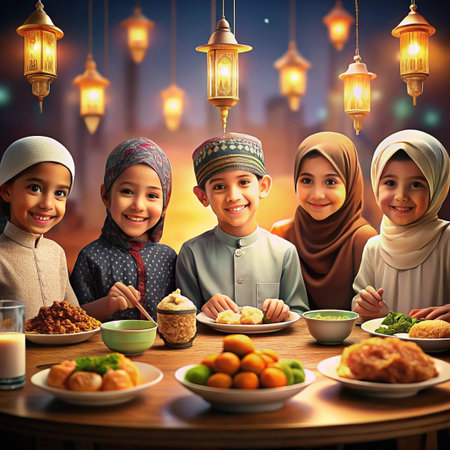 Happy Muslim children enjoying a meal together during Ramadanの素材