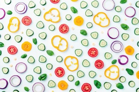 Colorful sliced vegetables and herbs pattern on white background.の素材