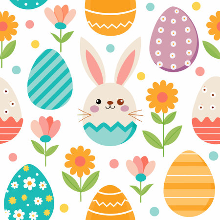 Easter egg and bunny pattern with flowers and polka dotsの素材