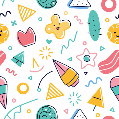 Whimsical geometric shapes in a vibrant, repeating patternの素材