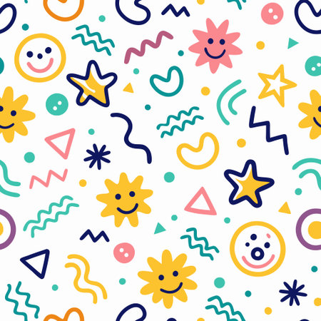 Whimsical, colorful pattern with simple shapes and happy facesの素材