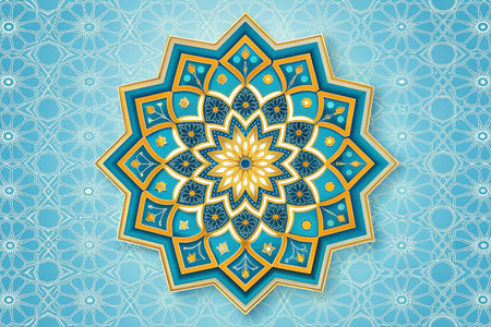 Ornate, detailed mandala design in teal and gold, layered on a light blue background with a repeating geometric patternの素材