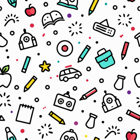 Fun, colorful, and simple pattern with school and office supplies, robots, and other elementsの素材