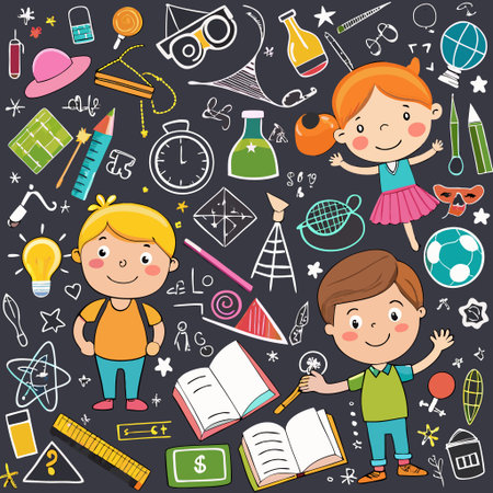 Children exploring science and learning with various educational toolsの素材