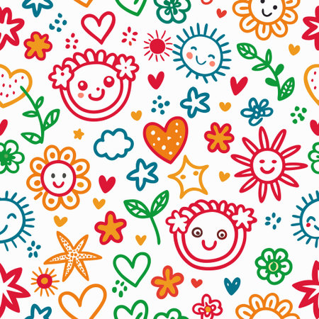 Whimsical pattern of smiling suns, hearts, flowers, and starsの素材