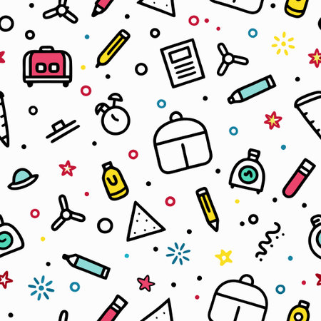 Back-to-school themed seamless pattern with various colorful iconsの素材