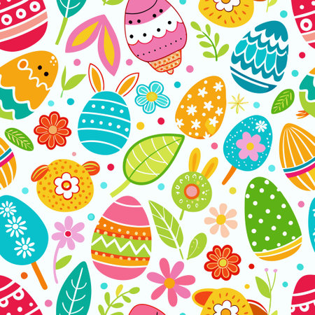 Colorful Easter egg pattern with flowers, leaves, and bunny earsの素材