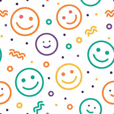 Whimsical pattern of smiling faces and geometric shapesの素材