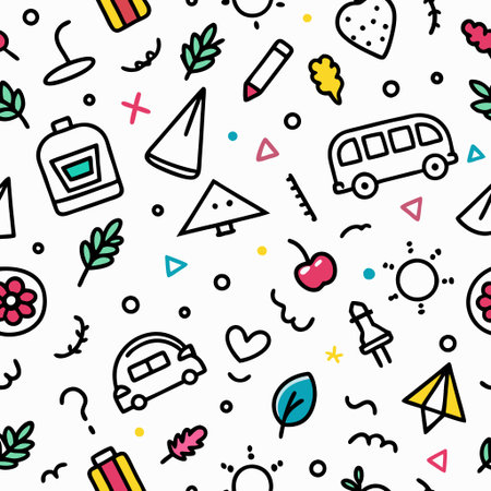 Whimsical pattern of colorful, outline school and nature-themed iconsの素材