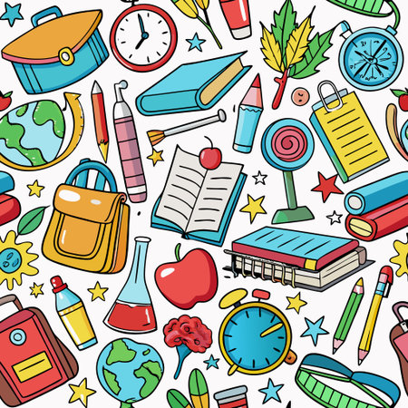 Back to school themed seamless pattern with various school suppliesの素材