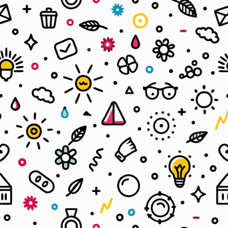 Whimsical pattern of simple, outlined iconsの素材