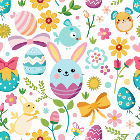 Easter themed pattern with rabbits, eggs, flowers, and birdsの素材