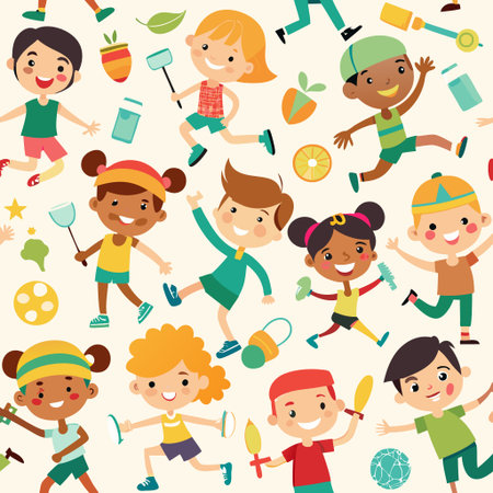 Multi-ethnic children playing various sports and games outdoors, cheerful and activeの素材