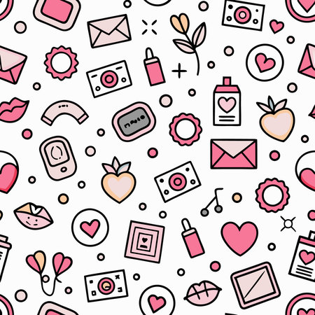 Whimsical Valentine&#39;s Day pattern with hearts, envelopes, lipstick, and other symbolsの素材