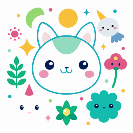 Cute cartoon cat face surrounded by whimsical elementsの素材