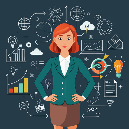 Confident businesswoman surrounded by business concepts (1)の素材