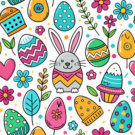 Easter pattern with eggs, bunny, flowers, and leavesの素材
