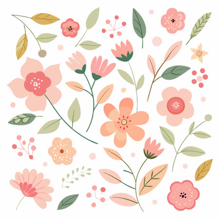 Delicate floral design with pastel pink and peach blossoms, leaves, and stemsの素材