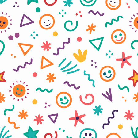 Whimsical pattern of playful shapes and happy facesの素材