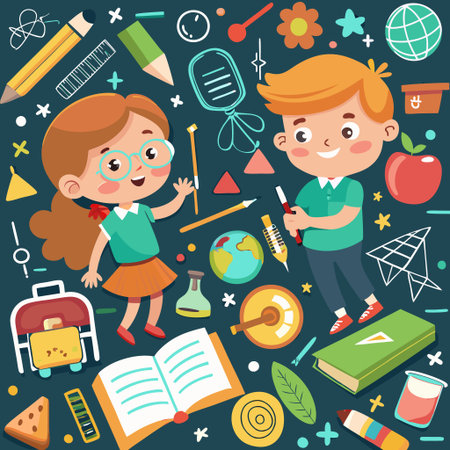 Kids learning, surrounded by school suppliesの素材