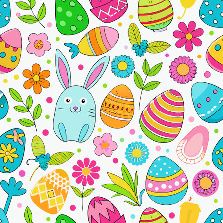 Whimsical Easter pattern featuring colorful eggs, bunnies, flowers, and leavesの素材