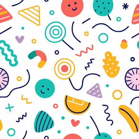 Whimsical pattern with colorful shapes and sweet treatsの素材