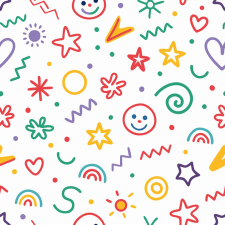 Playful, colorful pattern of simple shapes and symbolsの素材