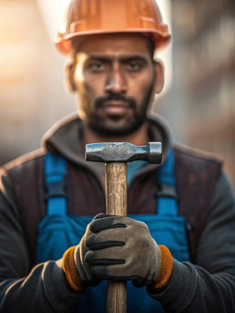 Focused construction worker holding a hammerの素材
