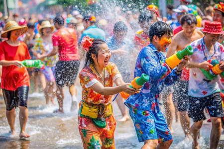 Excited crowds splashing each other with water gunsの素材