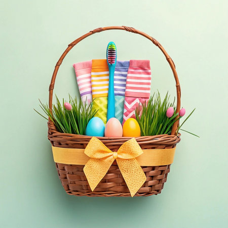 Easter basket filled with colorful socks, toothbrush and eggsの素材