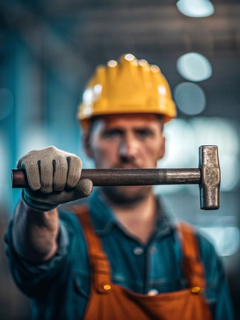 Focused worker holding a hammerの素材