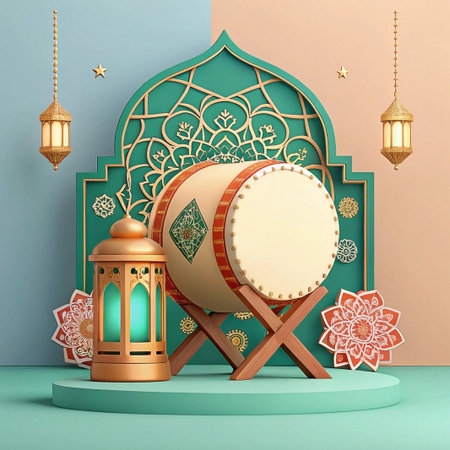 Ramadan drum, lanterns, and Islamic geometric patterns on a teal platform.の素材
