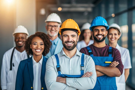 Diverse group of construction workers, engineers, and professionals, smiling and posing for a photoの素材
