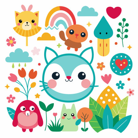 Cute cartoon animals and nature elementsの素材