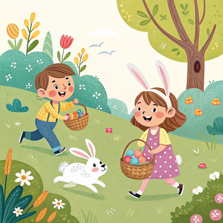 Children searching for Easter eggs in a spring parkの素材