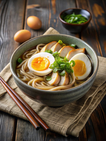 Bowl of steaming hot, flavorful broth-based noodles with sliced protein and soft boiled eggsの素材