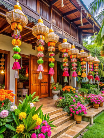 Vibrant outdoor decor adorning a wooden house entrance with colorful lanterns and flowersの素材